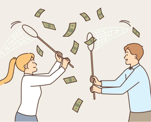 26118103-bedrijf-mensen-vangen-geld-vallend-van-lucht-gebruik-makend-van-netto-voor-gemakkelijk-verdienen-of-gewoontjes-inkomen-concept-mens-en-vrouw-zijn-verloofd-in-geld-verdienen-jacht-voo